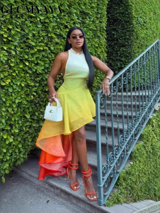 GLCMYAYA Women O-neck Gradient Print Sleeveless Mermaid Long GlowCart