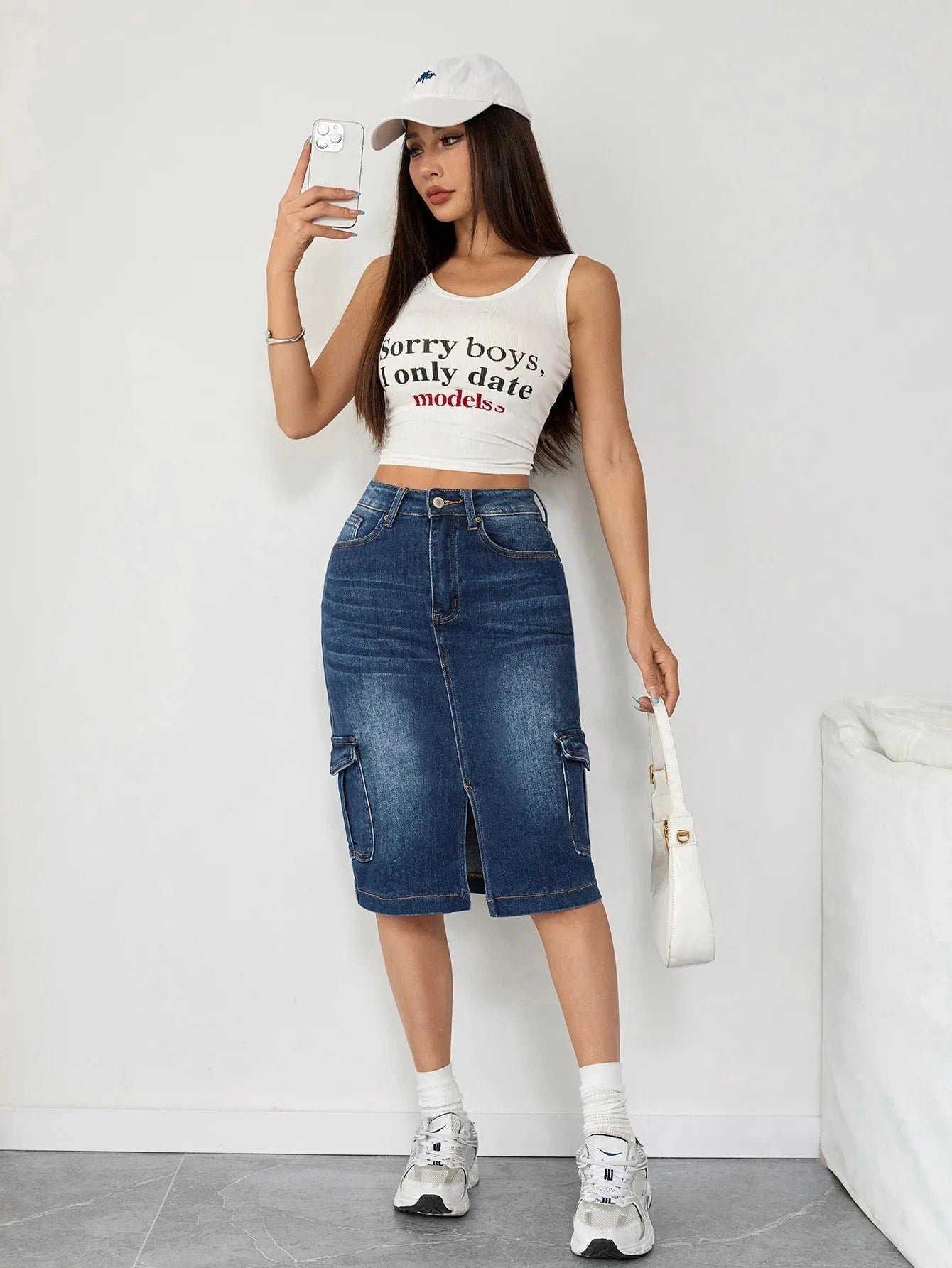 French Vintage Women's Cargo Denim Skirt Button Front Design High Waist Fashion Clothing Casual Outfit Elegant Feminine Style GlowCart