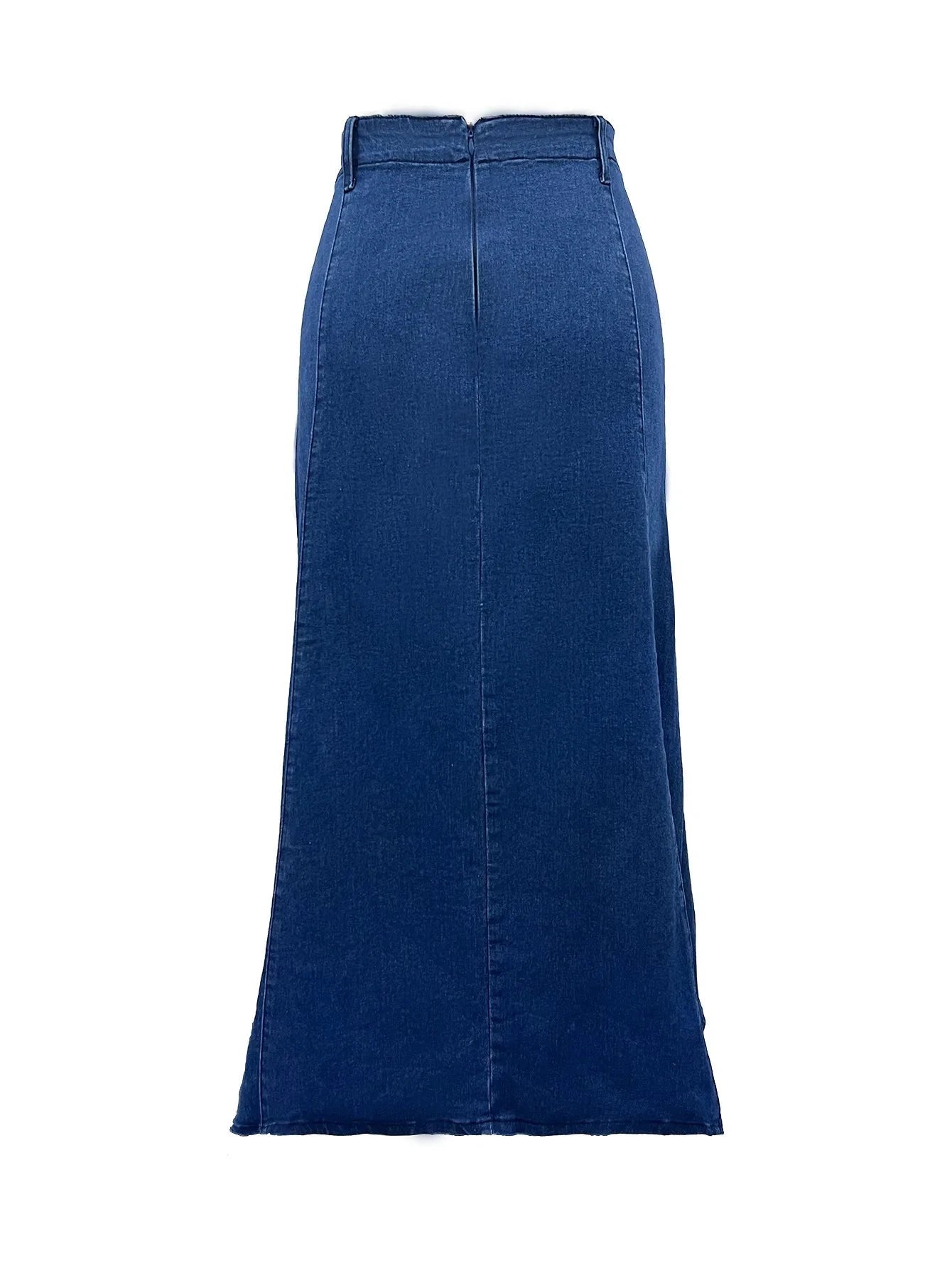 Women's dark blue denim skirt high waist elastic American retro denim long skirt casual design flared skirt GlowCart