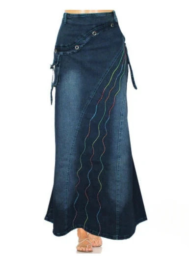 Long Skirt High Waist Vintage Print Women 2024 Autumn Temperament Patchwork Pocket Big Swing Female Denim Fishtail Skirts GlowCart
