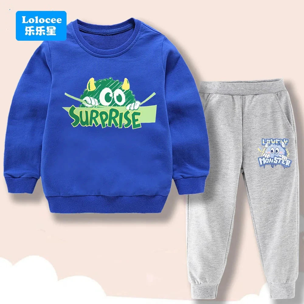 Spring/Autumn Children's Clothing Sets Cartoon Monster Print Boys' O Neck Sweatshirt Pants Two Piece Pullover Set for Kids GSJX1 GlowCart