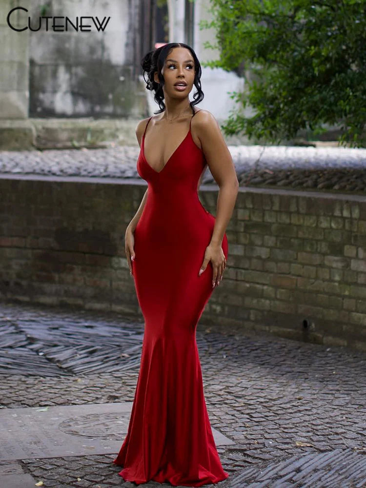 Nibber Red Shiny Spaghetti Strap Maxi Dress Women Solid Sexy Backless Ruched Cleavage Body-shaping Robe Lady Hipster Streetwear GlowCart