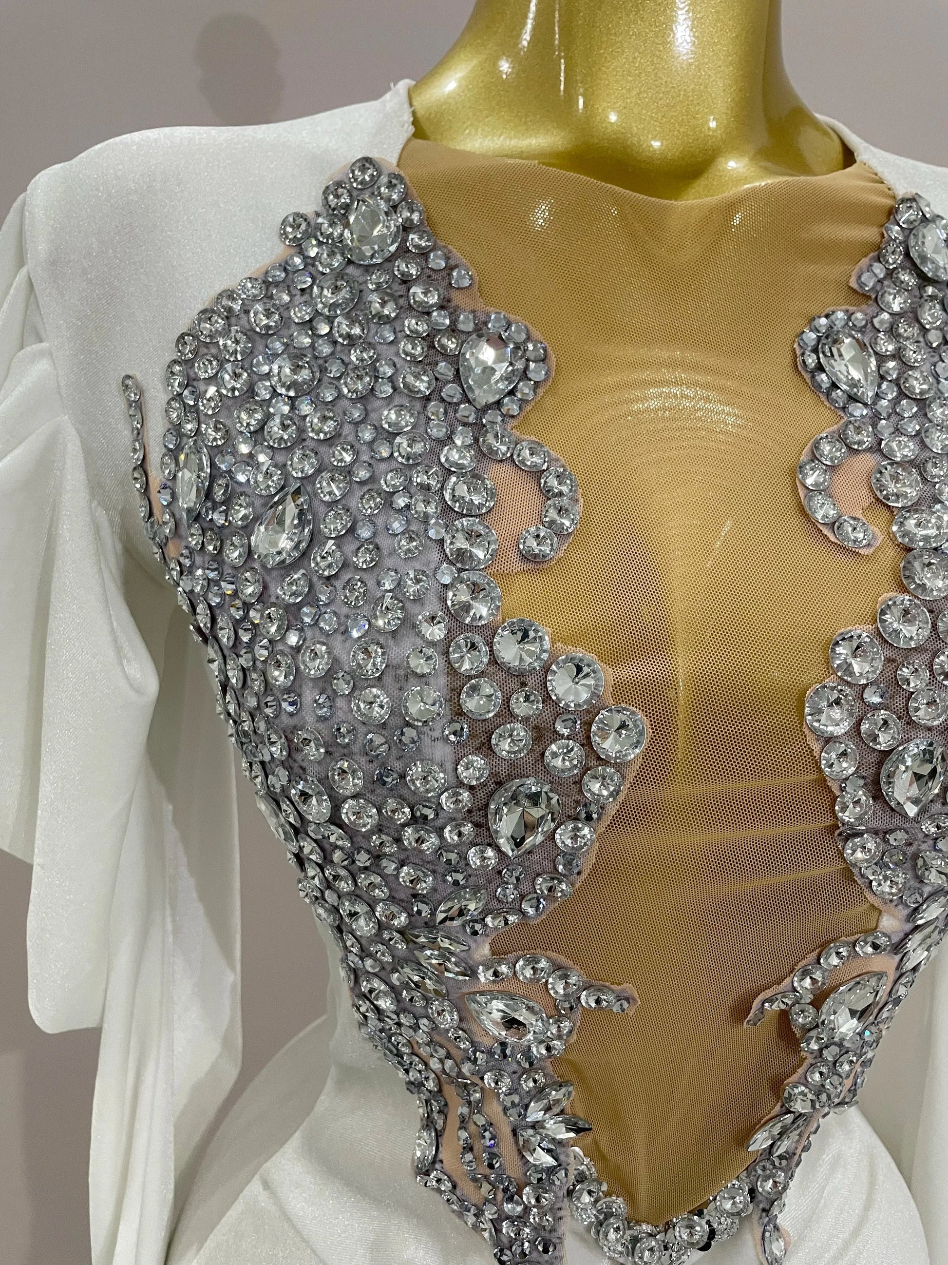 Luxury Sparkly Crystals Sexy Mesh White Velvet Short Dress GlowCart