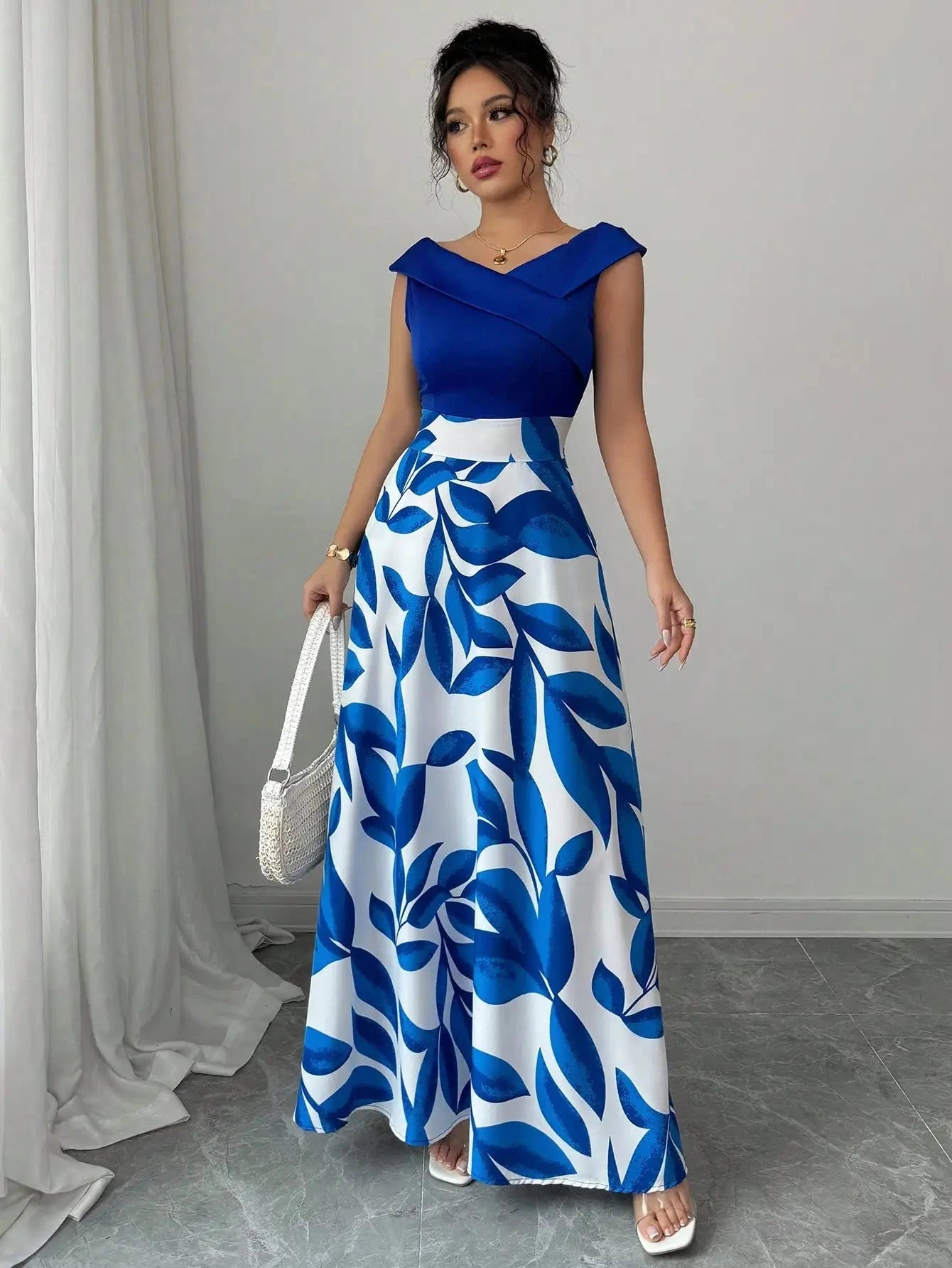 Women's Blue White Floral Maxi Dress Asymmetric Neckline GlowCart