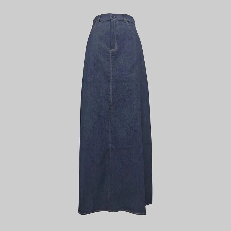 2025 New Fashion Imitation Denim H-Line High Waist Skirts Spring Summer Loose Solid Color Pockets Maxi Skirt For Women GlowCart