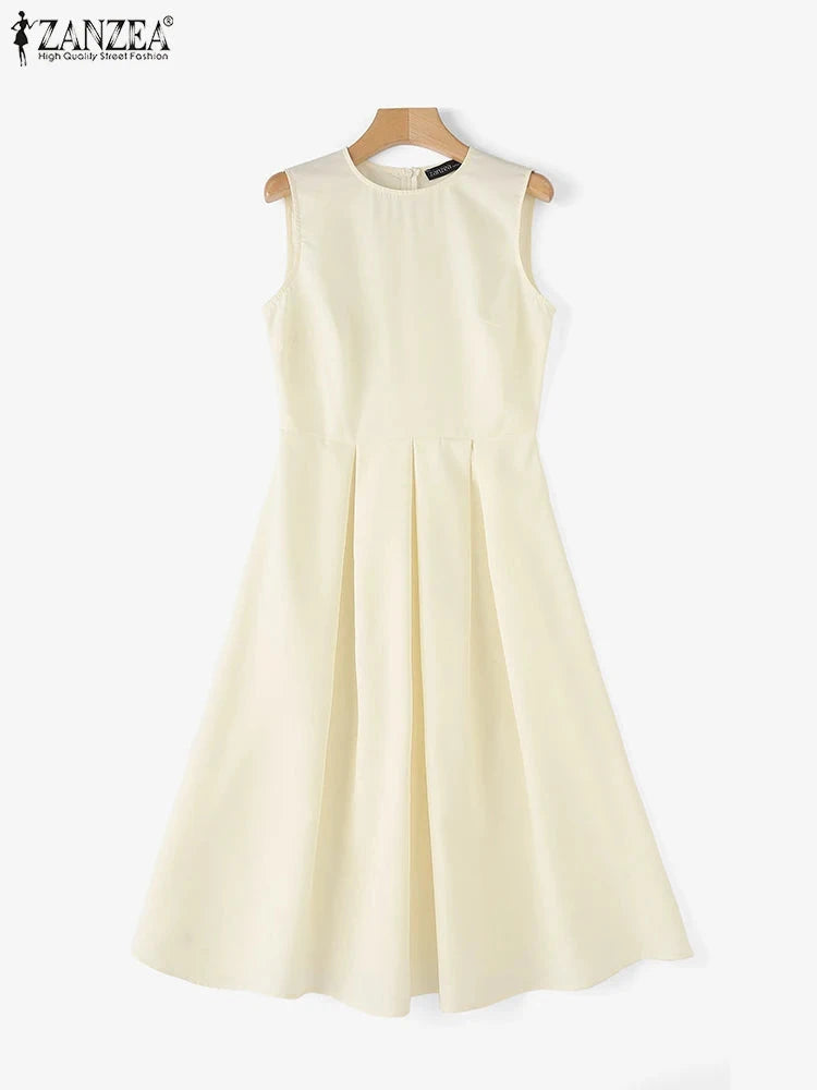 ZANZEA Women Sleeveless Pleated Dress 2025 Summer Korean GlowCart
