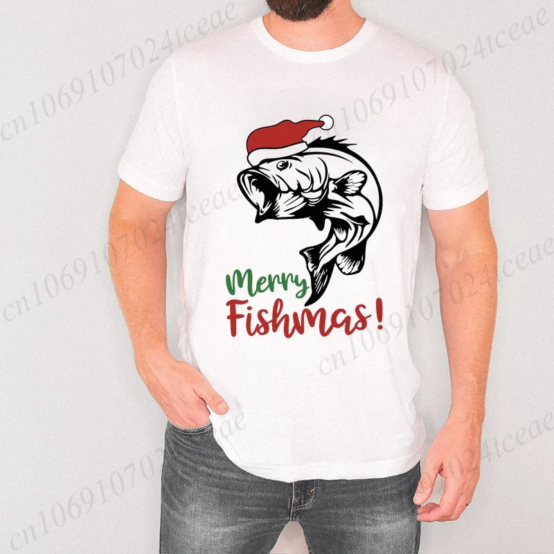 Fishing Christmas Men's T Shirts Merry Fishmas Print Tees GlowCart