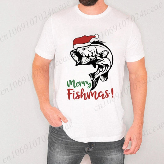 Fishing Christmas Men's T Shirts Merry Fishmas Print Tees GlowCart