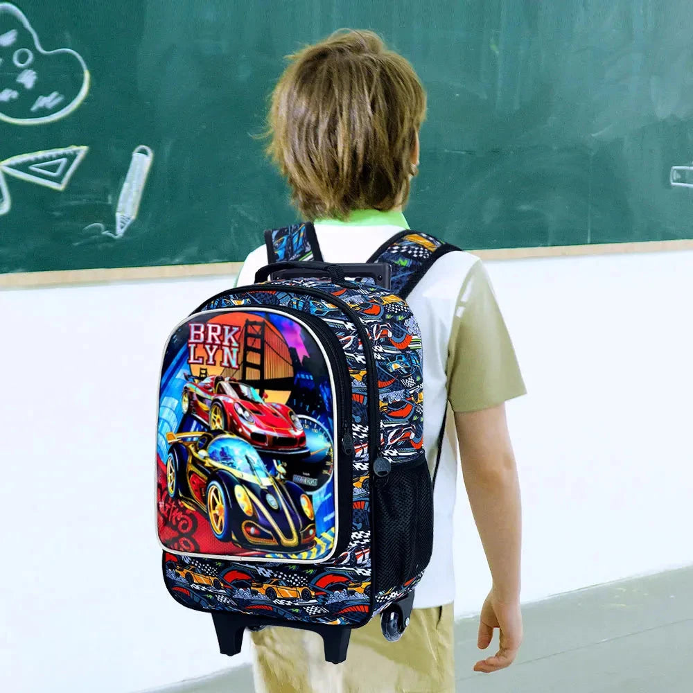 3PCS Rolling Backpack for Girls and Boys， Kids Race Wheeled Bookbag GlowCart