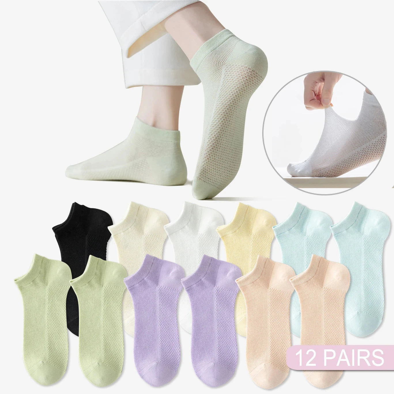 12 Pairs New Woman Cotton Socks Short Thin Mesh Breathable GlowCart