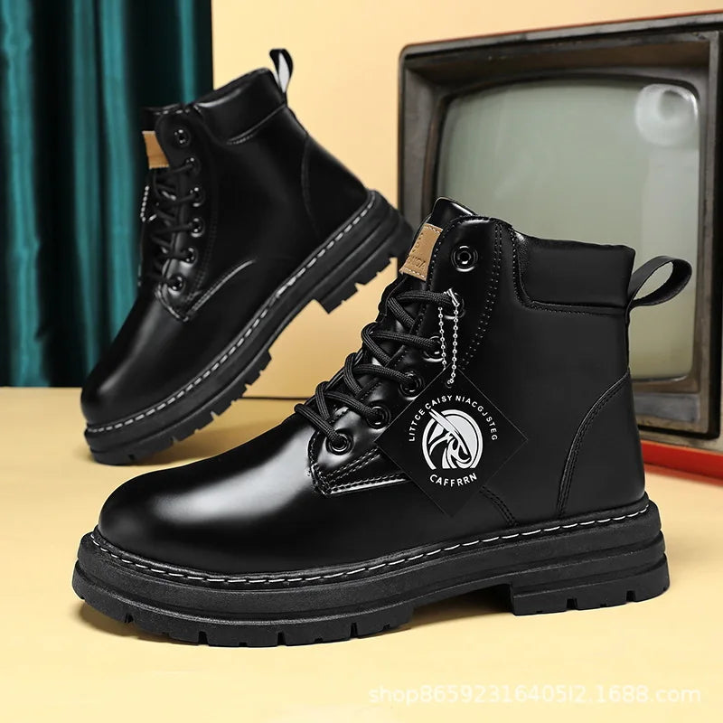 Men's Boots Lace Up 2024 Winter New High Top Leisure All-match Men's Casual Boots Non-slip Trend Rubber Men Flat Boots GlowCart