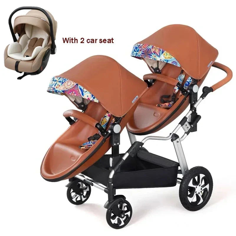 NEW luxury Twins baby stroller 3in1 high landscape new PU leather double stroller baby carriage twin strollers for 2 kids GlowCart