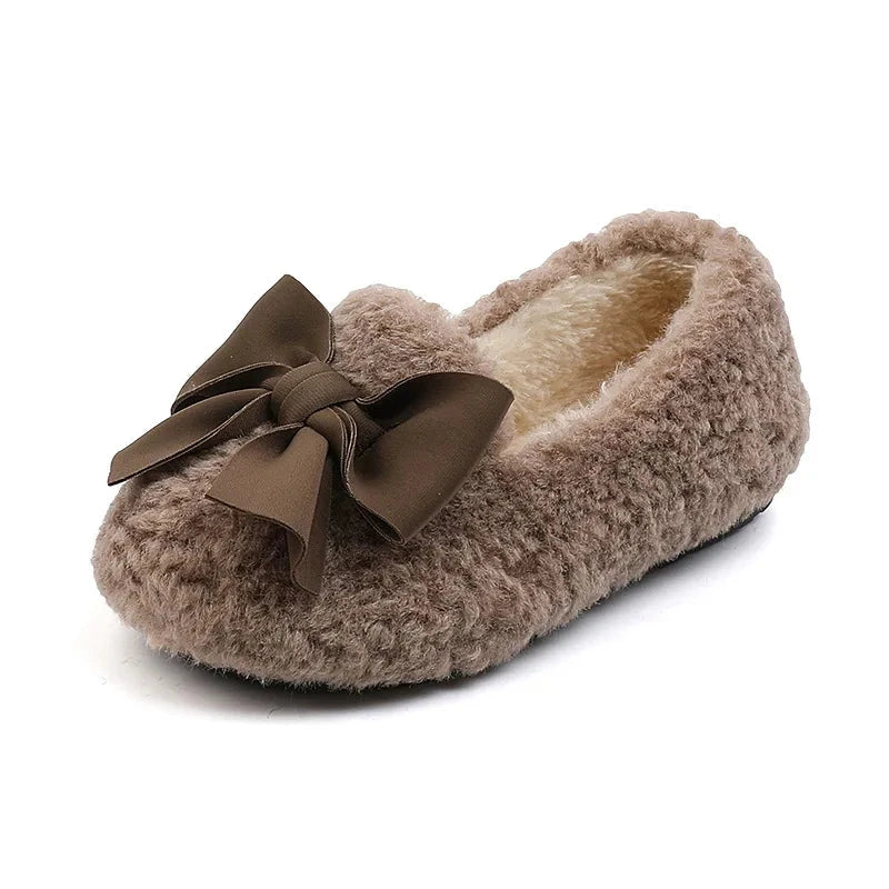 Girls Winter Shoes Cotton-padded Warm Cotton Fur Fluffy Children Flats Kids Loafers Slip-on Princess Sweet Anti-slippery Bowtie GlowCart