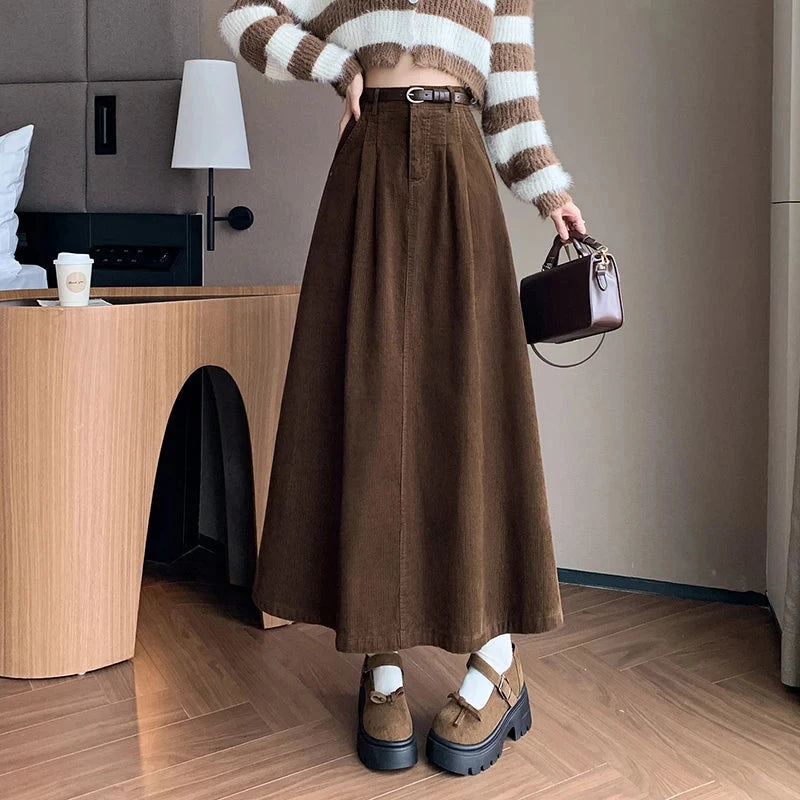Elegant Winter Corduroy Maxi Long Skirt Women Fashion Korean Big Swing Umbrella A-line Skirts Loose Elastic Waist Falda Plisada GlowCart
