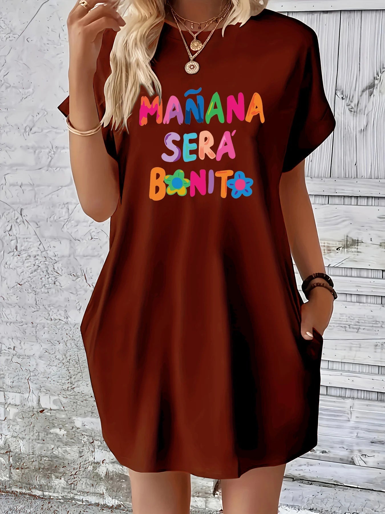 Women's MANANA letter print loose short sleeved round neck pocket summer Women's Dress Casual plus size casual dress GlowCart
