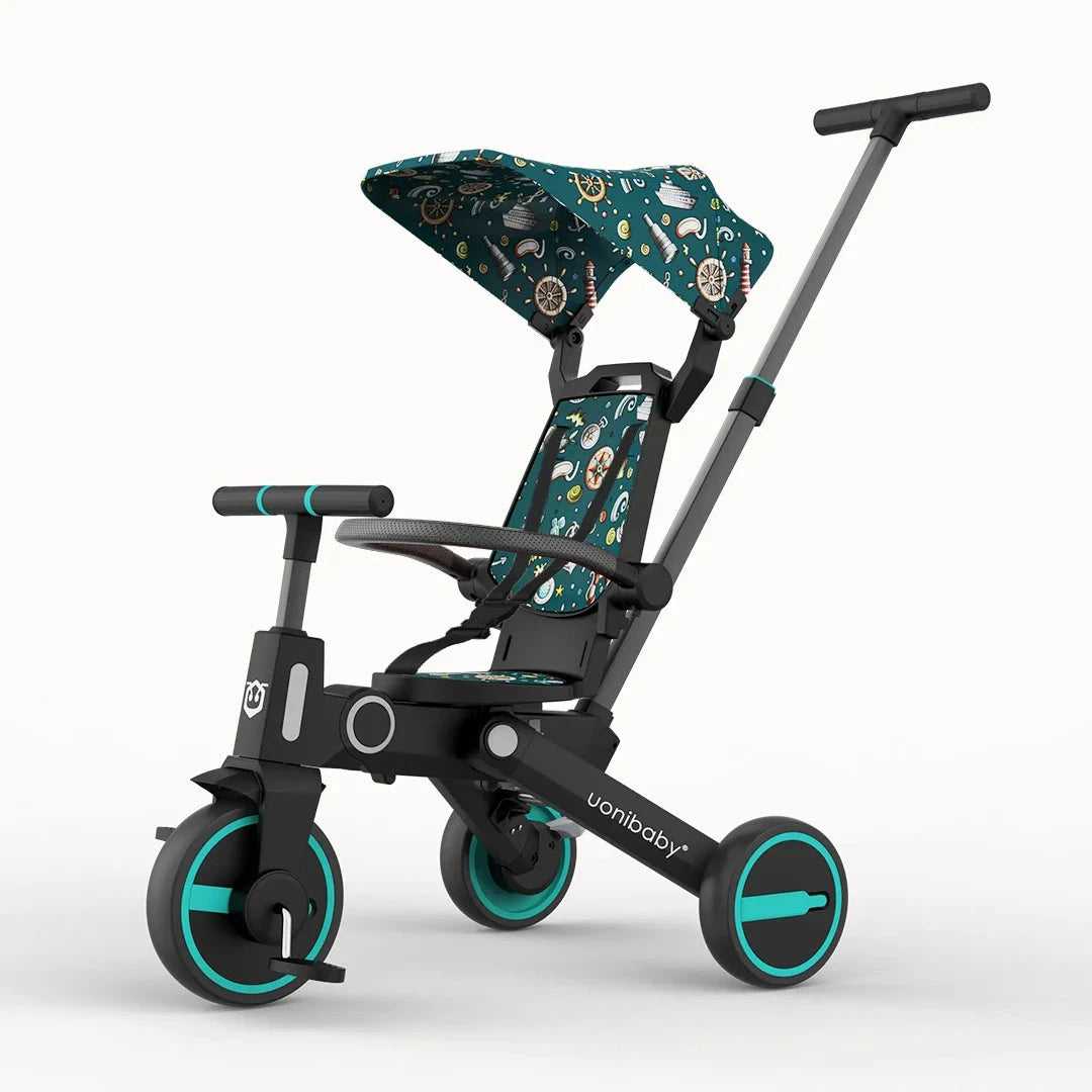 Children's Push Tricycle Baby Pedal Tricycle with Canopy Rideable and Swivel Foldable Baby Stroller GlowCart