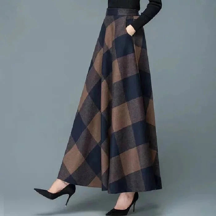 Autumn Winter Plaid A- Line Midi Skirt Women's Retro plus Size High Waist Slimming Long Skirt Floral Embellished Fullness GlowCart