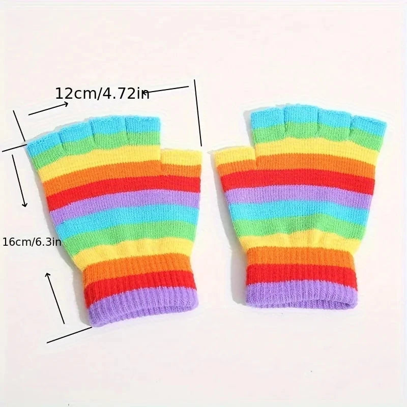 Rainbow Striped Knit Gloves, Thickened Warm Half-Finger GlowCart