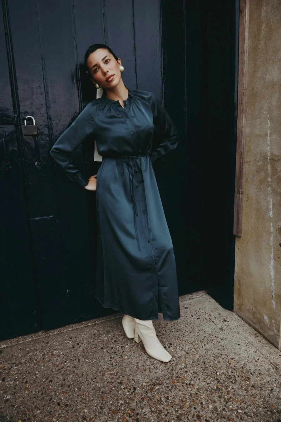 AS AW25 satin dress elegance lady ruffled neck woman clothes GlowCart