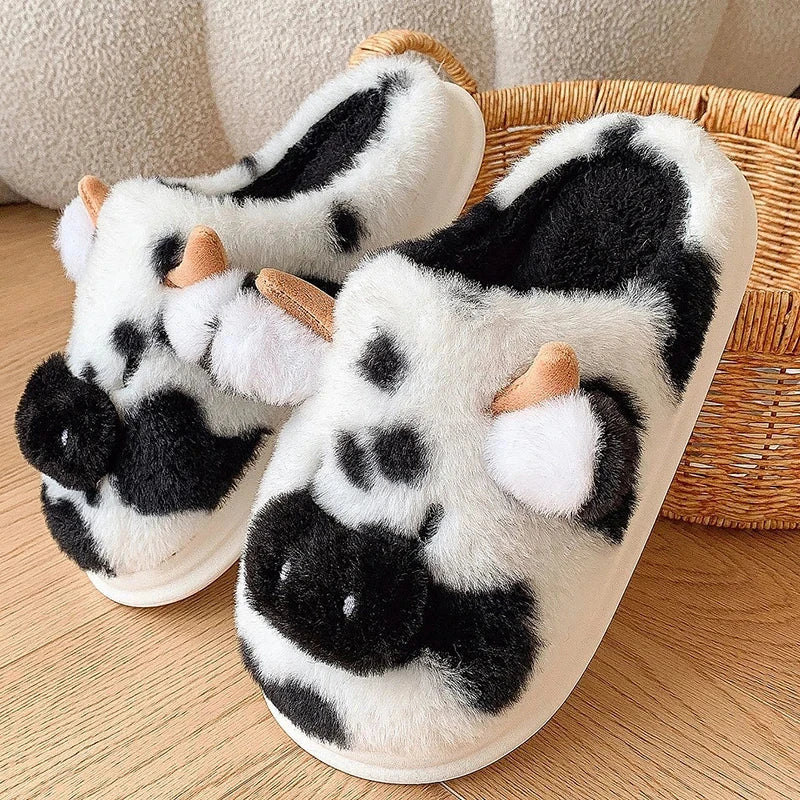 Women's Winter Warm Cartoon Cow Slippers Closed Toe Non Slip GlowCart