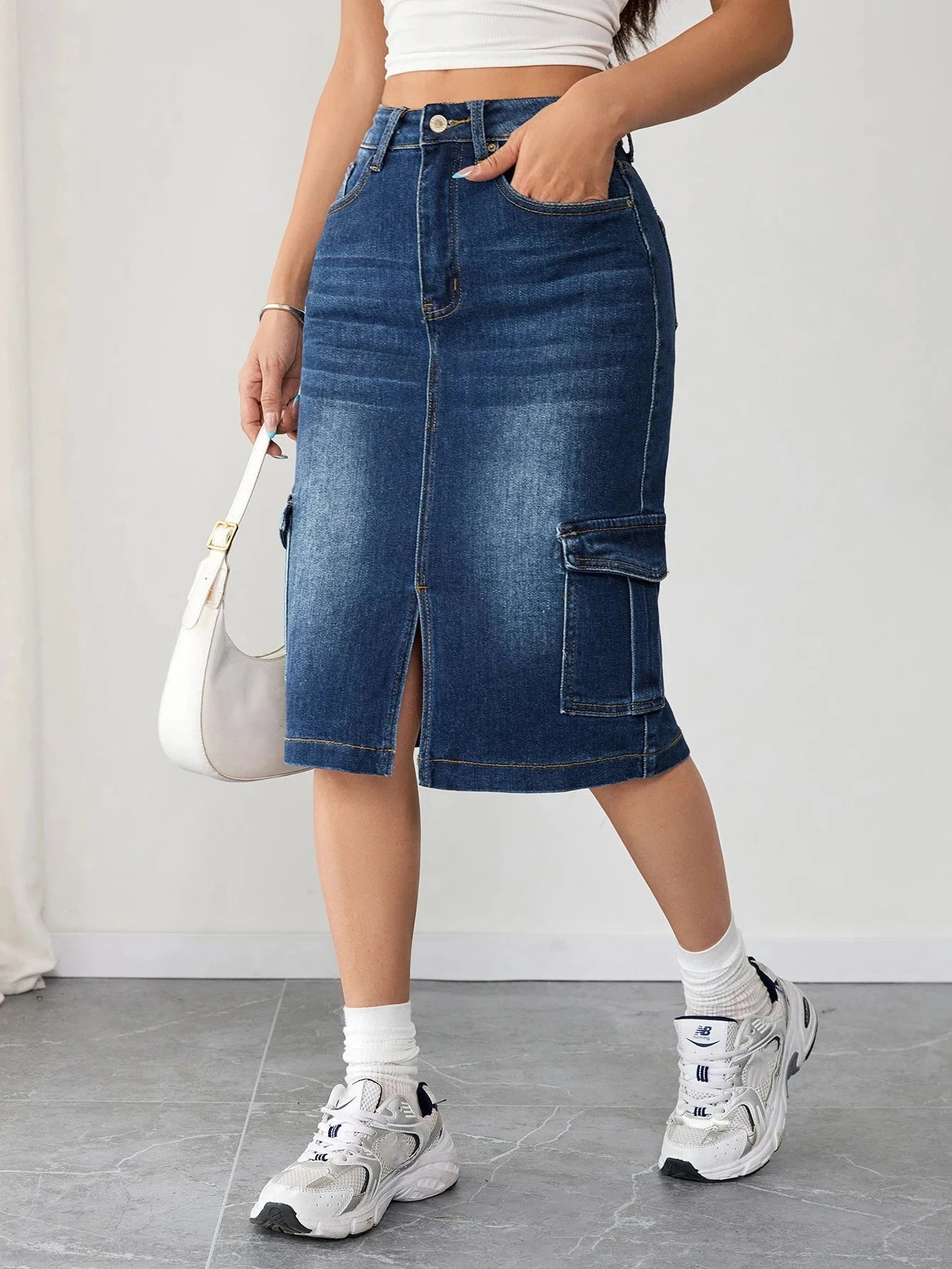 French Vintage Women's Cargo Denim Skirt Button Front Design High Waist Fashion Clothing Casual Outfit Elegant Feminine Style GlowCart