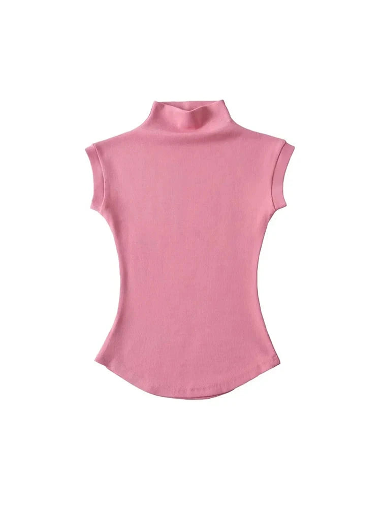 Women Summer Sexy Turtleneck Sleeveless T-Shirts Tops Solid GlowCart