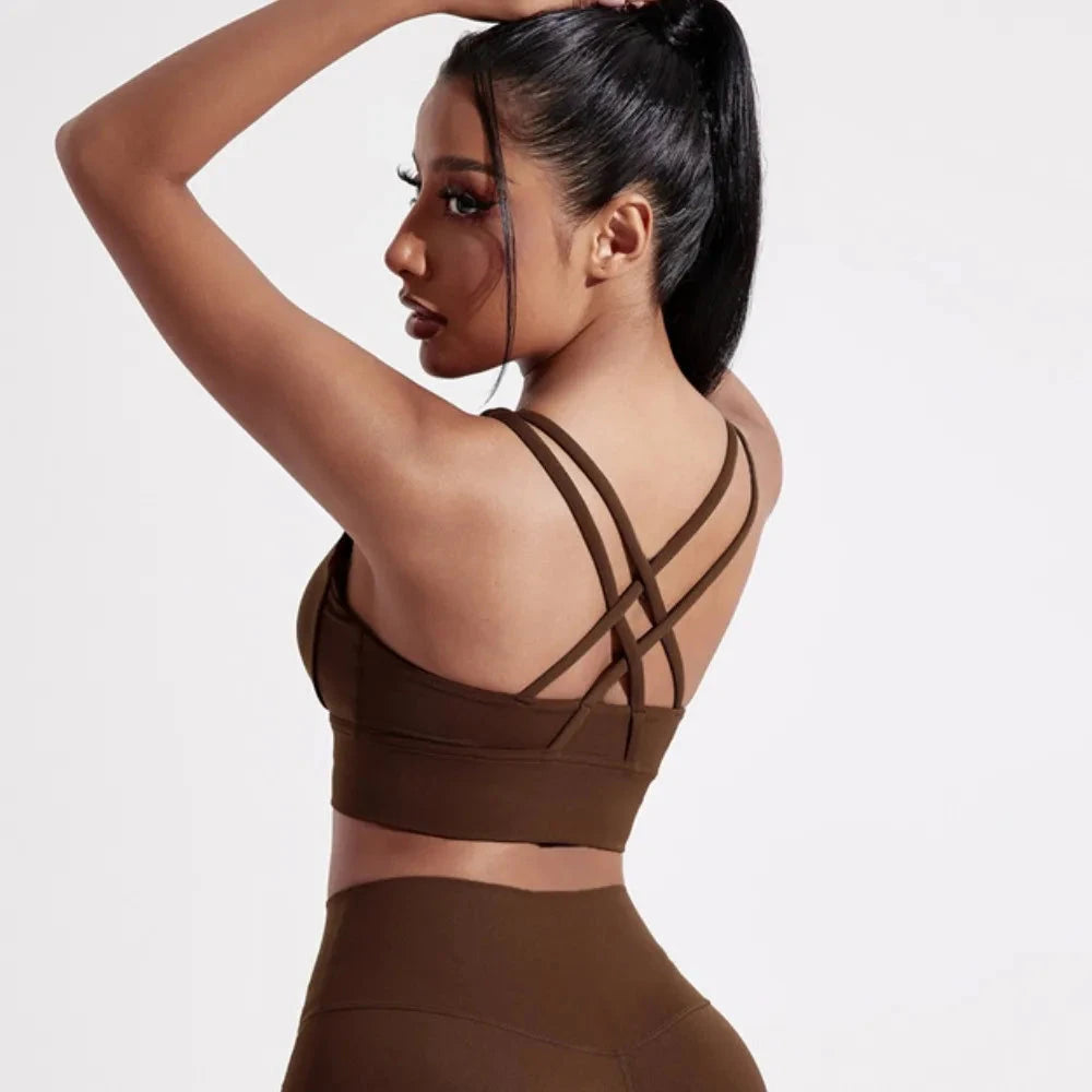 Solid Color Women Cross back Fitness sport Bra high strength Tight Top Comprehensive Training Gym Yoga Underwear With Chest Pad GlowCart