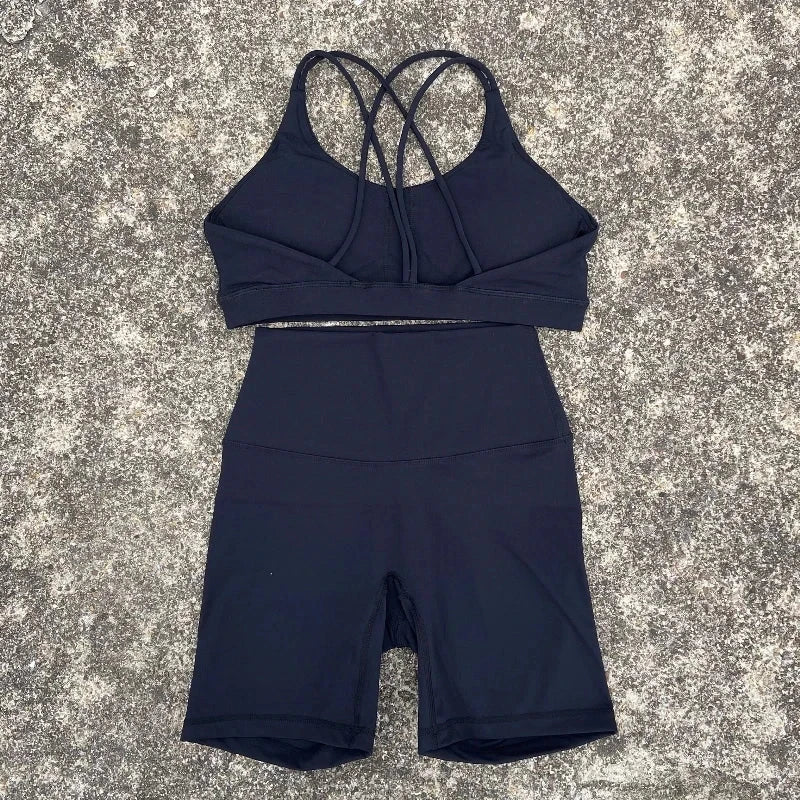 Solid Color Gym Bike Yoga Set Short Legging Cross Back Sport GlowCart