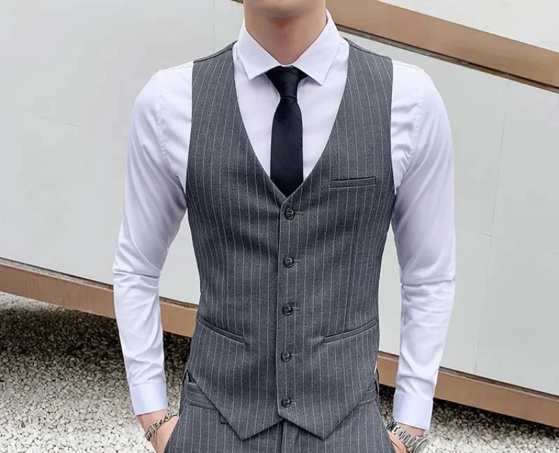 Fashion Men Business Checkered Striped Suit Vest Black / GlowCart