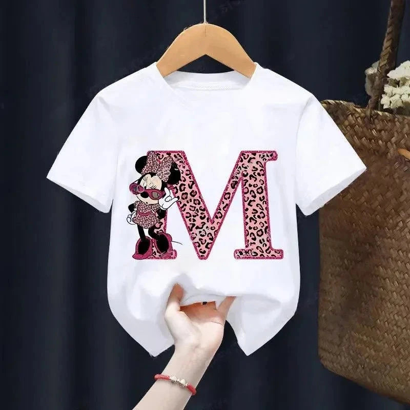 Letter A-Z Minnie Children  T-Shirts Name Combination Disney Kawaii Cartoons Clothes Kids Little Boy Girl Tee Shirts Casua GlowCart