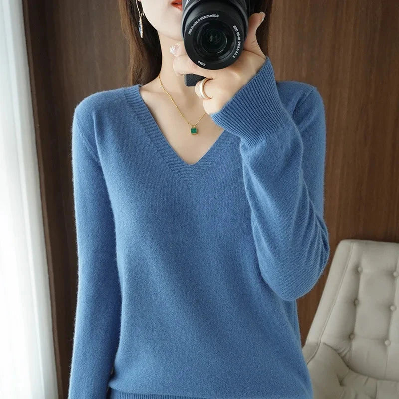 Women's Sweater 2025 Autumn Winter Knitted Pullovers V-neck GlowCart