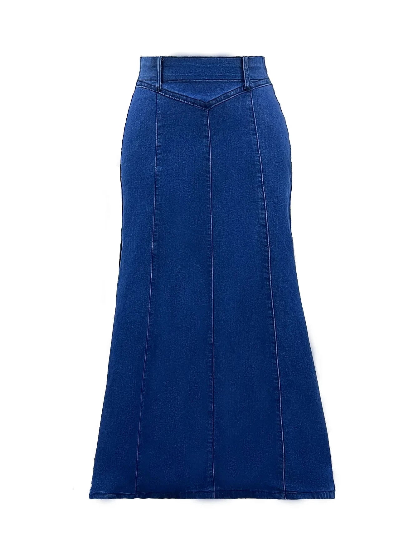 Women's dark blue denim skirt high waist elastic American retro denim long skirt casual design flared skirt GlowCart