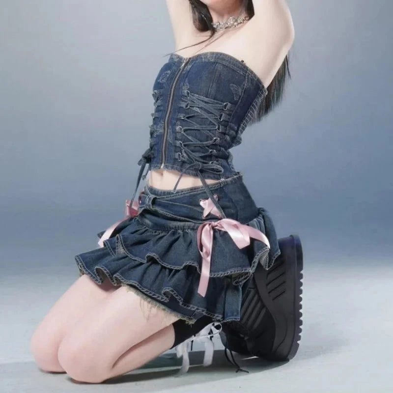 Blue Denim Pleated Skirt Bow Fold Design Women's A-line GlowCart