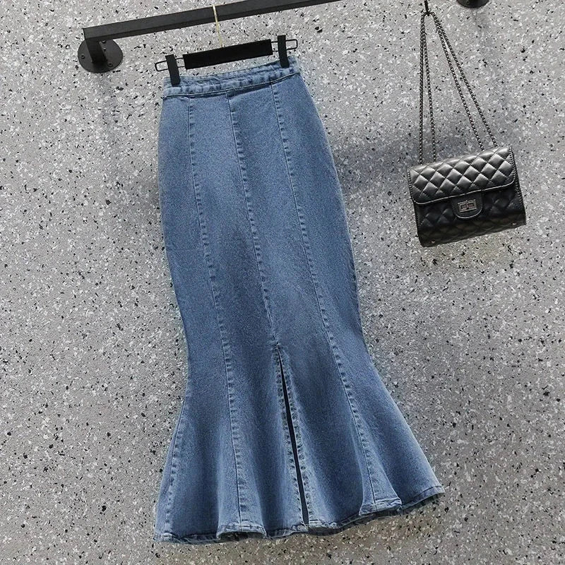Rimocy High Waist Mermaid Denim Skirt Women Summer Trumpet Split Long Skirts Woman Korean Style Hip-Wrap Flare Middle Skirt GlowCart