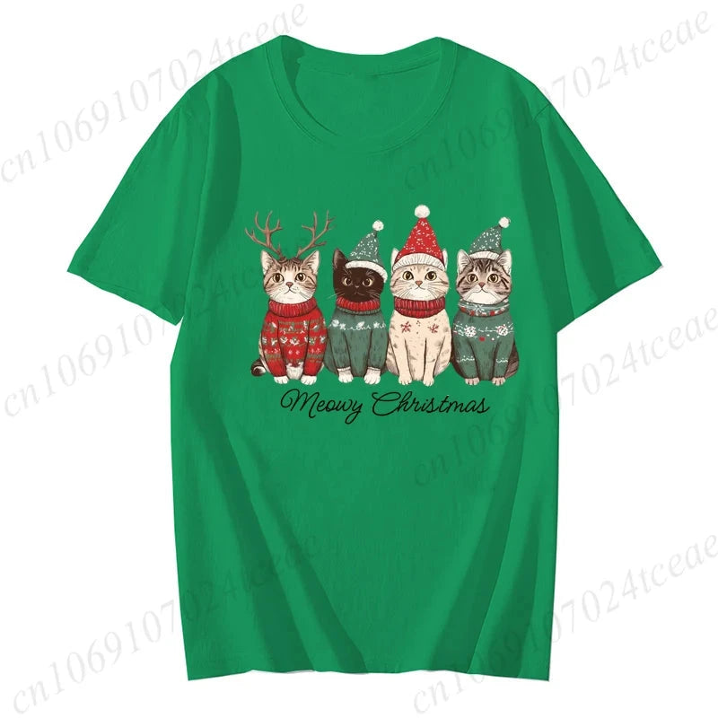 Meowy Christmas Cat Print Women Fashion T Shirt Girl O Neck GlowCart