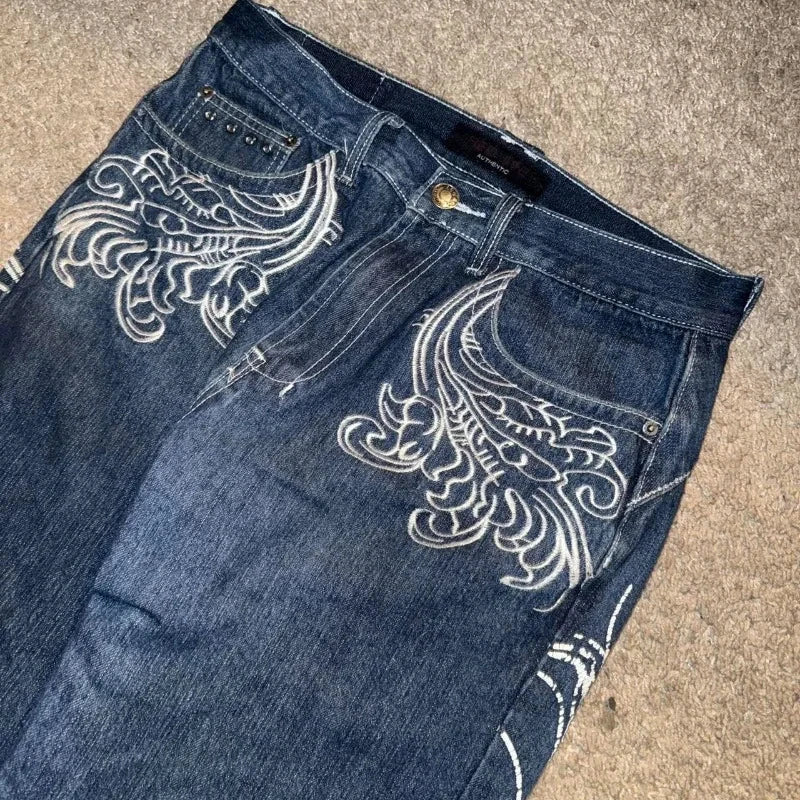 American New Pattern Embroidery Baggy Jeans Male Y2K High GlowCart