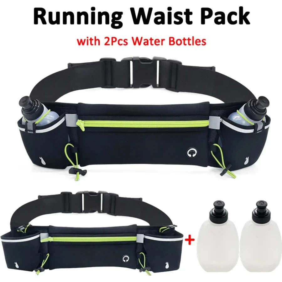 Man/Woman Marathon Trail Running Waist Pack with 2Pcs Water Bottles Sports Fanny Pack Fitness Dual Pocket Running Belt Waist Bag GlowCart