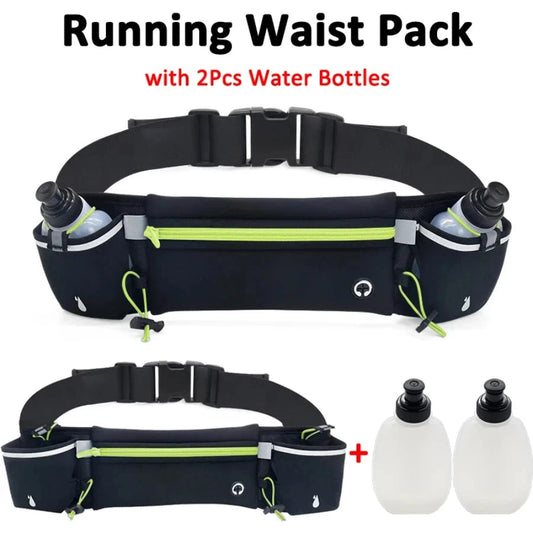 Man/Woman Marathon Trail Running Waist Pack with 2Pcs Water Bottles Sports Fanny Pack Fitness Dual Pocket Running Belt Waist Bag GlowCart