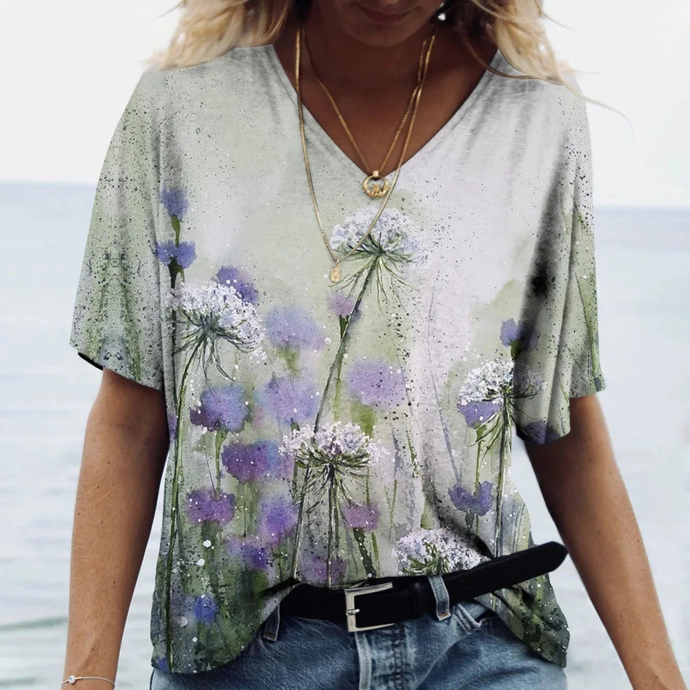 Women's T Shirts V-neck 3d Art Print Tops Loose Short Sleeve GlowCart