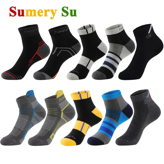 5 Pairs/Lot Running Socks Men Casual Outdoor Sports Cotton Black Grey Blue Athletic Stripes 14 Colors Travel Male Husband Gifts GlowCart