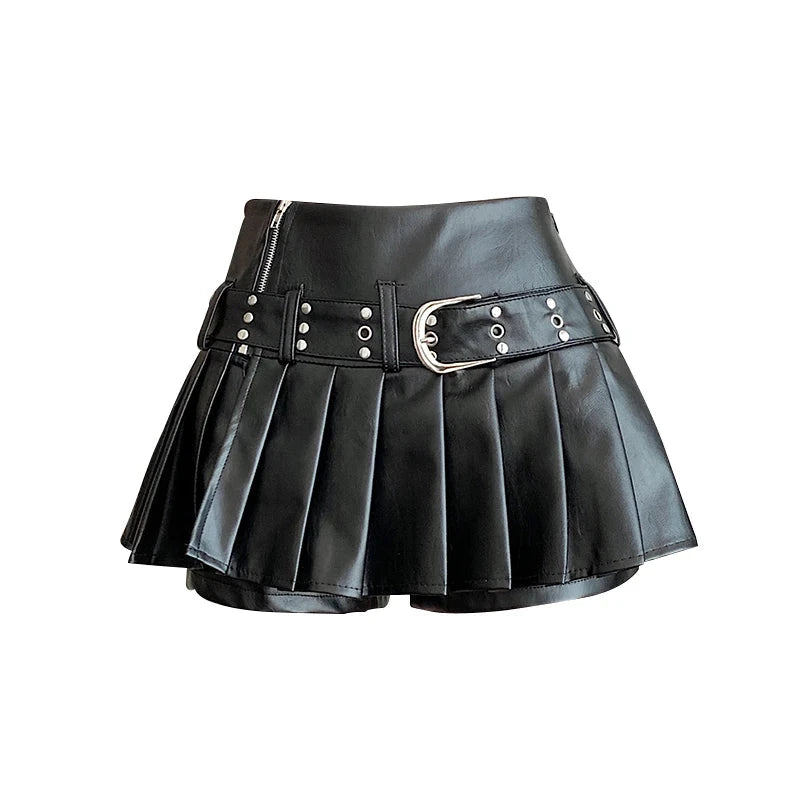 Women's Black Gothic A-line Pleated Leather Skirt Y2k Mini GlowCart