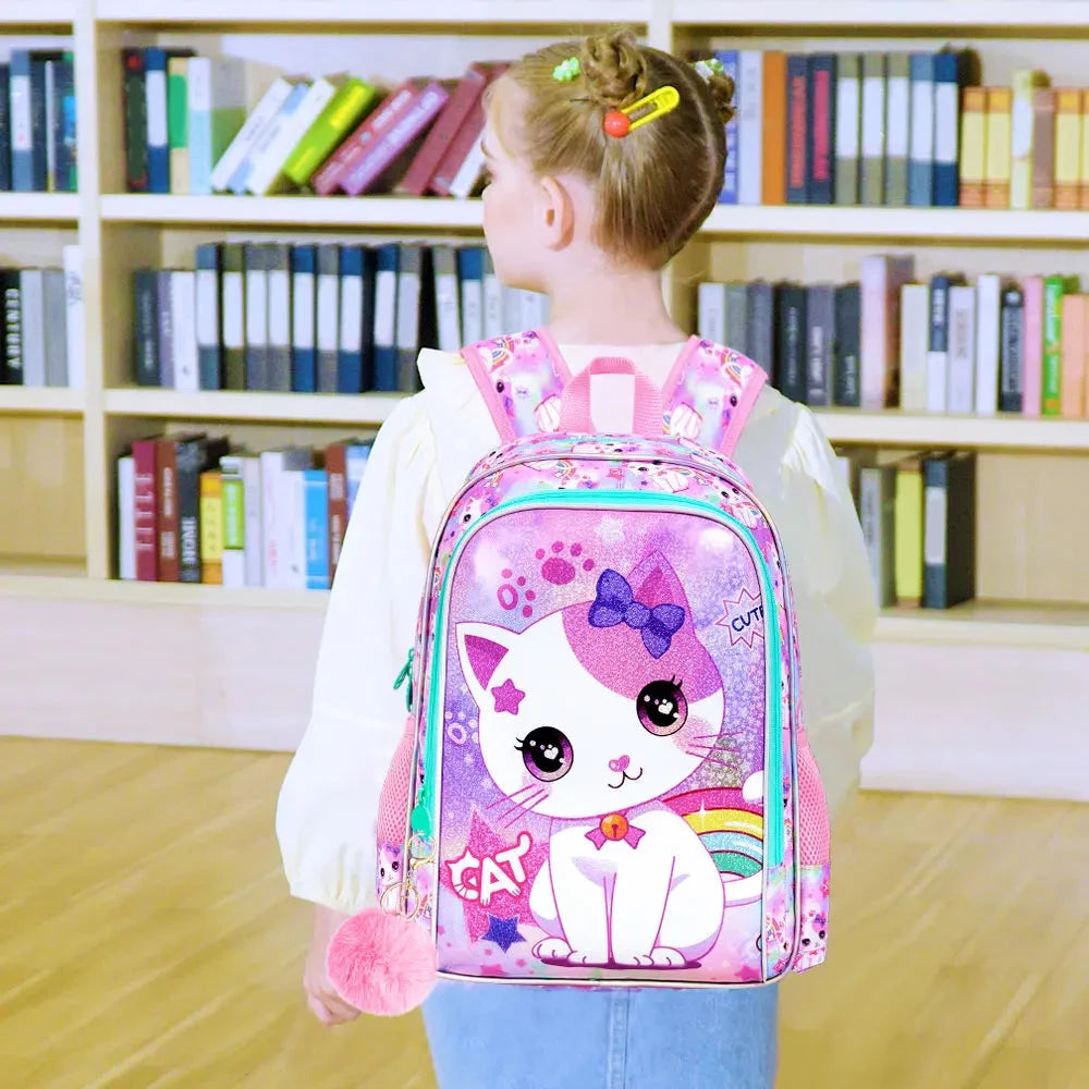 3PCS Backpacks for Girls Cute Reflective Cat Bookbag for Elementary, Kids Water Resistant Backpack Set with Lunch Box GlowCart