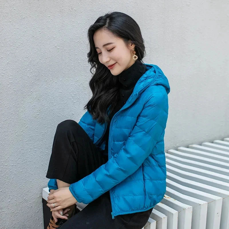 Winter Women's Light Down Hooded Jacket,Red Blue Khaki Green GlowCart