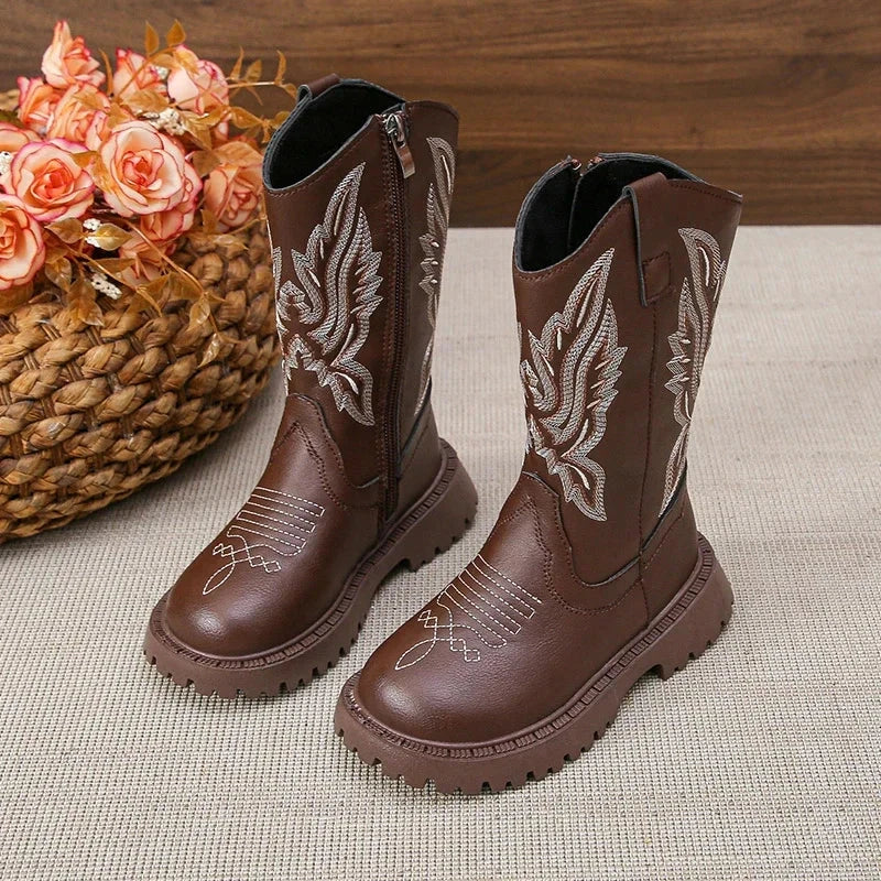 Children Leather Boots Classic Cowboy Embroidery Girls Long Booties Kids Winter Round Toe Soft Snow Shoes Fashion Snow Boots GlowCart