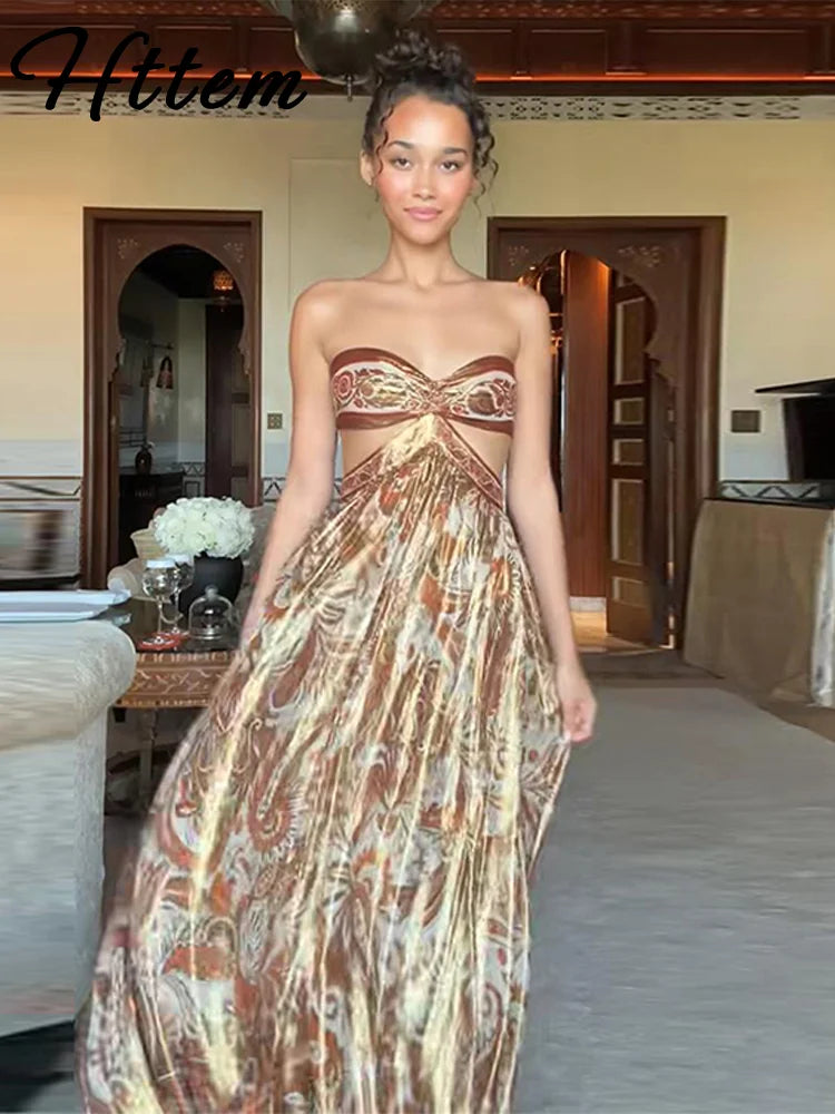 Sexy Print Hollow Out Strapless Women Dresses Beach Holidays Glitter Backless Off Shoulder Female Robe 2025 Summer Lady Dress GlowCart