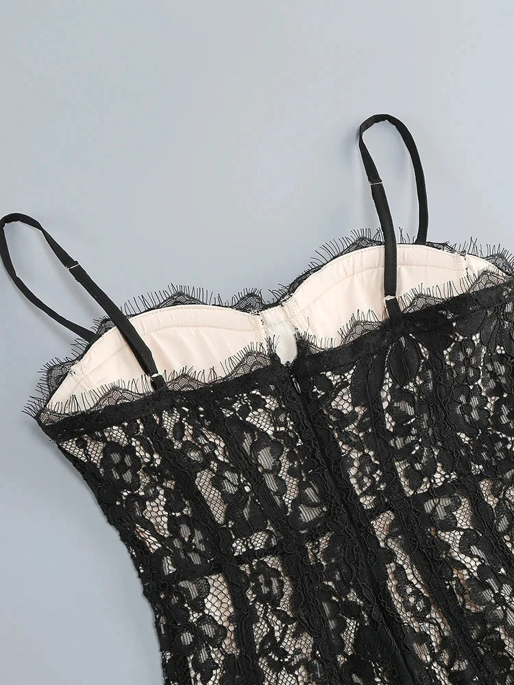 Sexy Spaghetti Strap V Neck Lace Long Dress Women Black GlowCart