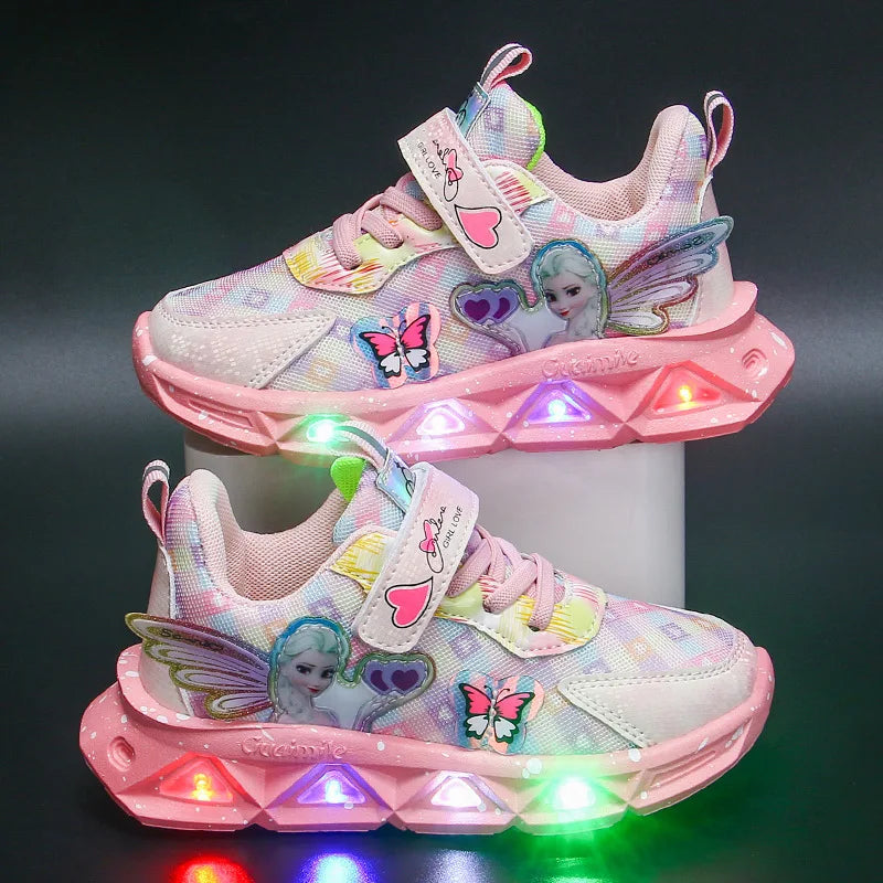 Disney Children's Sports Shoes Led Lights Sneaker Cartoon Frozen Princess  Elsa PU Leather Girls' Pink Children's Running Shoes GlowCart