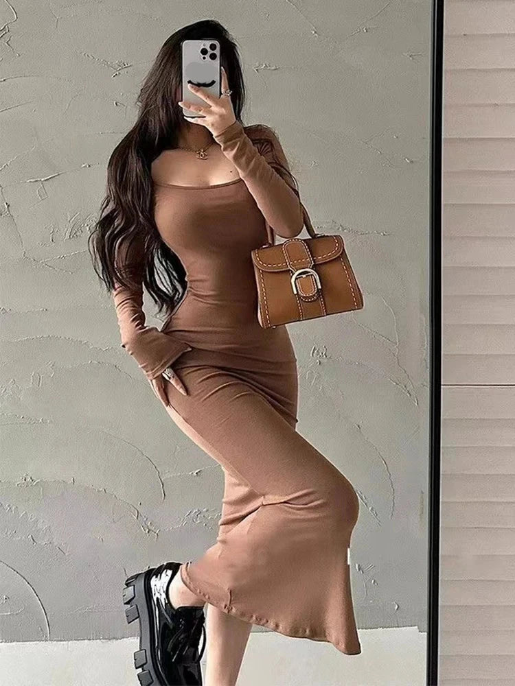 Ribbed Solid Long Sleeve Square Neck Skinny Bodycon Dress GlowCart