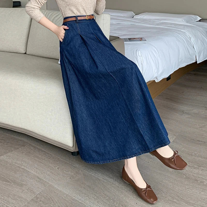 Seoulish Autumn High Waist Denim Women's Umbrella Skirts with Belted Korean Loose A-line Long Jeans Skirts Female 2025 New GlowCart