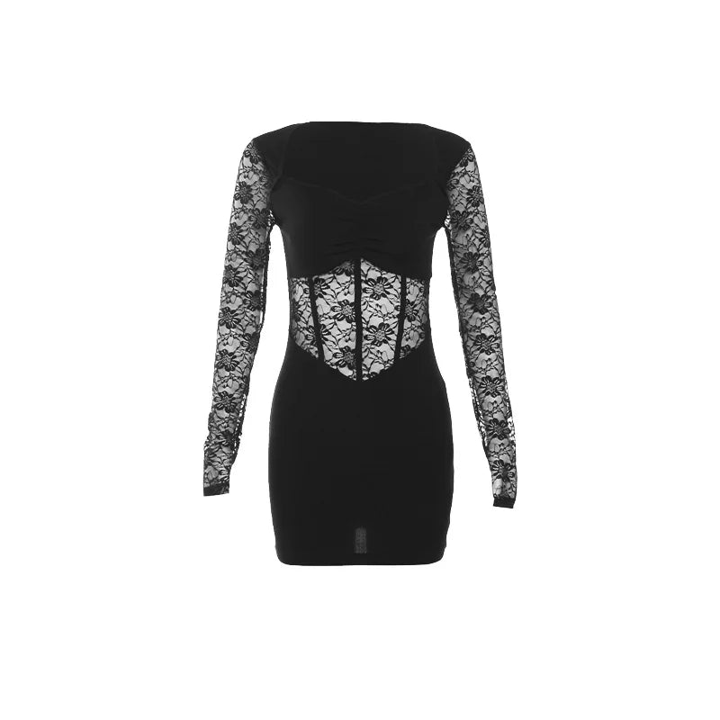 Nibber Black Mysterious Sexy Lace Stitching Mature Fishbone Beautiful Sweet Gentle Women'S Winter Long Sleeve Hip Short Dress GlowCart